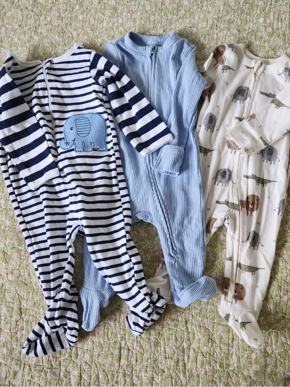 Lot of 3 Baby Boys Sleep Play Footie Pajamas Elephant Safari Blue Sz 6/9 Months
